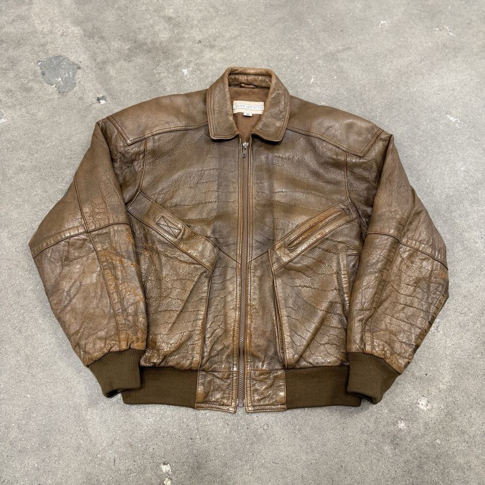 Vintage 90s Adam Spencer Leather Bomber Cotton Lined Brown Jacket 42/Large Army